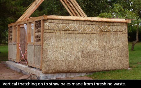 Vertical thatching on to straw bales made from threshing waste on a training structure at Ty Mawr Lime near Brecon
